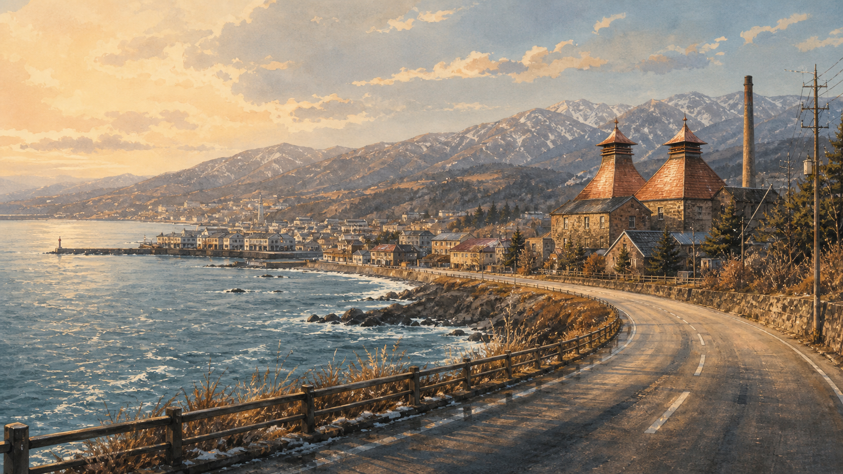 札幌から余市へ向かう北海道の海岸旅行のイラスト